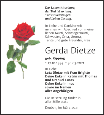 Traueranzeige von Gerda Dietze von Mitteldeutsche Zeitung Weißenfels