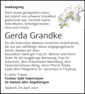 Traueranzeige von Gerda Grandke von Super Sonntag Naumburg/Nebra