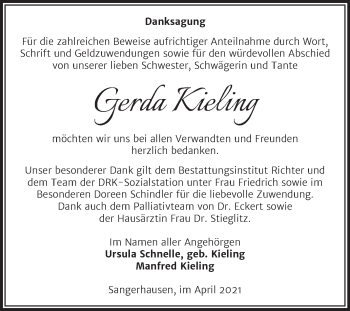 Traueranzeige von Gerda Kieling von Mitteldeutsche Zeitung Sangerhausen