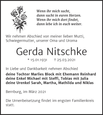Traueranzeige von Gerda Nitschke von Mitteldeutsche Zeitung Bernburg