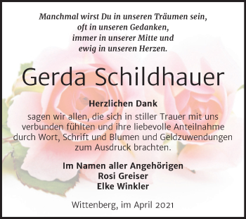 Traueranzeige von Gerda Schildhauer von Mitteldeutsche Zeitung Wittenberg