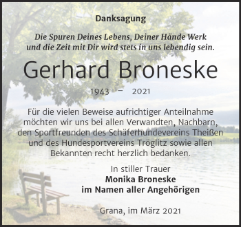 Traueranzeige von Gerhard Broneske von Mitteldeutsche Zeitung Zeitz