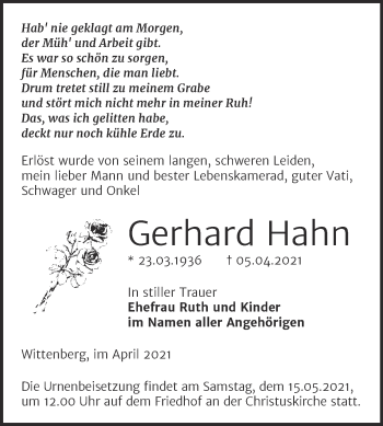 Traueranzeige von Gerhard Hahn von Mitteldeutsche Zeitung Wittenberg