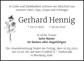 Traueranzeige von Gerhard Hennig von Mitteldeutsche Zeitung Bernburg
