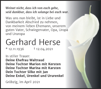 Traueranzeige von Gerhard Herse von Mitteldeutsche Zeitung Köthen