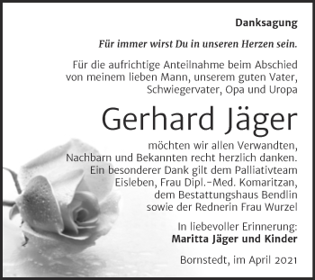 Traueranzeige von Gerhard Jäger von Trauerkombi Mansfelder Land