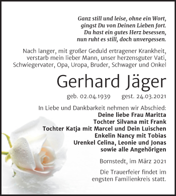 Traueranzeige von Gerhard Jäger von Mitteldeutsche Zeitung Mansfelder Land