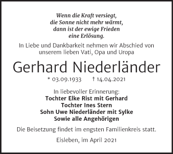Traueranzeige von Gerhard Niederländer von Trauerkombi Mansfelder Land