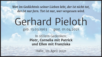 Traueranzeige von Gerhard Pieloth von Mitteldeutsche Zeitung Halle/Saalkreis