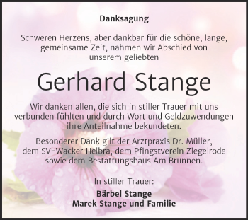 Traueranzeige von Gerhard Stange von Mitteldeutsche Zeitung Mansfelder Land
