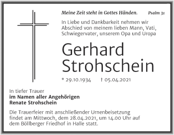 Traueranzeige von Gerhard Strohschein von Mitteldeutsche Zeitung Halle/Saalkreis