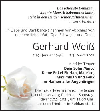 Traueranzeige von Gerhard Weiß von Mitteldeutsche Zeitung Bitterfeld