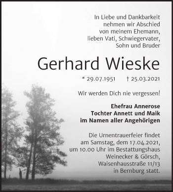 Traueranzeige von Gerhard Wieske von Mitteldeutsche Zeitung Bernburg