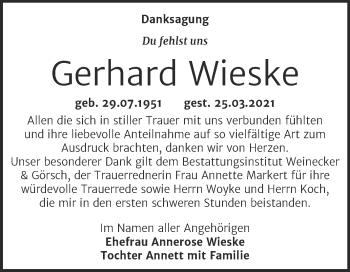 Traueranzeige von Gerhard Wieske von Mitteldeutsche Zeitung Bernburg