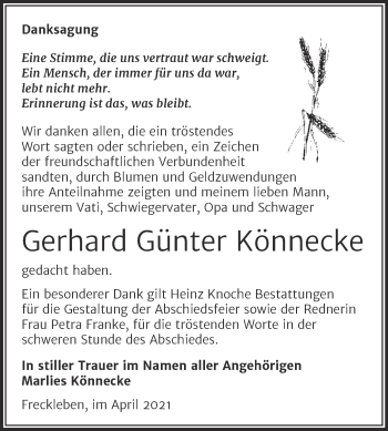 Traueranzeige von Gerhard Günter Könnecke von Mitteldeutsche Zeitung Aschersleben