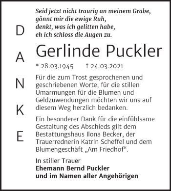 Traueranzeige von Gerlinde Puckler von Mitteldeutsche Zeitung Sangerhausen