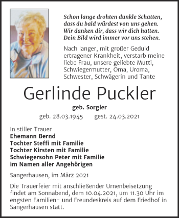 Traueranzeige von Gerlinde Puckler von Mitteldeutsche Zeitung Sangerhausen