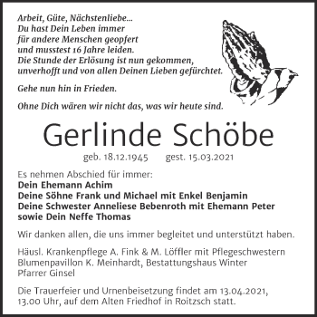 Traueranzeige von Gerlinde Schöbe von Mitteldeutsche Zeitung Bitterfeld