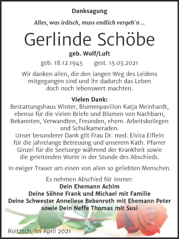 Traueranzeige von Gerlinde Schöbe von Mitteldeutsche Zeitung Bitterfeld