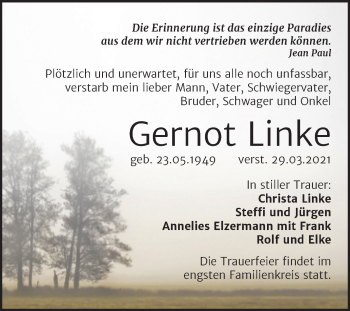 Traueranzeige von Gernot Linke von Mitteldeutsche Zeitung Aschersleben