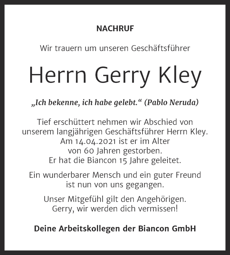  Traueranzeige für Gerry Kley vom 30.04.2021 aus Mitteldeutsche Zeitung Halle/Saalkreis
