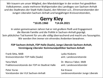 Traueranzeige von Gerry Kley von Mitteldeutsche Zeitung Halle/Saalkreis