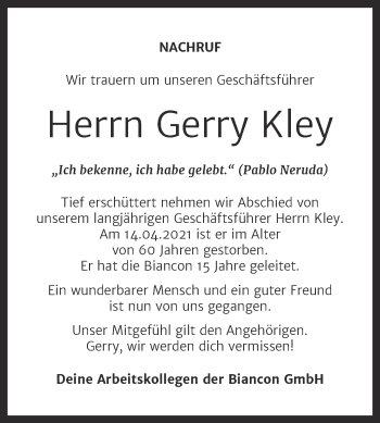 Traueranzeige von Gerry Kley von Mitteldeutsche Zeitung Halle/Saalkreis