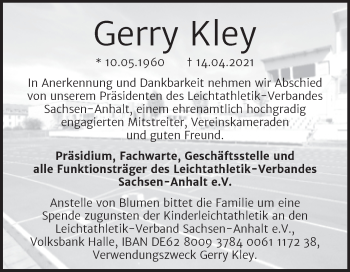 Traueranzeige von Gerry Kley von Mitteldeutsche Zeitung Halle/Saalkreis