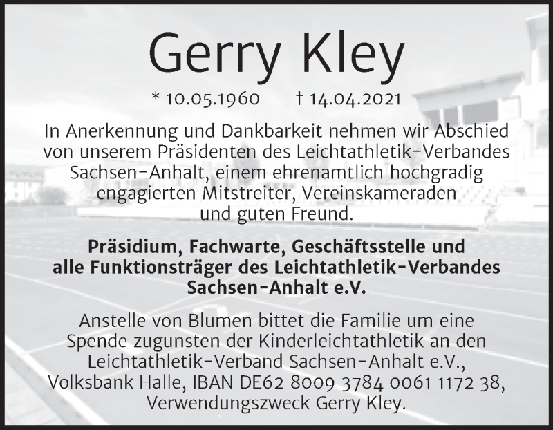  Traueranzeige für Gerry Kley vom 30.04.2021 aus Mitteldeutsche Zeitung Halle/Saalkreis
