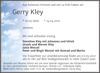 Traueranzeige von Gerry Kley von Mitteldeutsche Zeitung Halle/Saalkreis