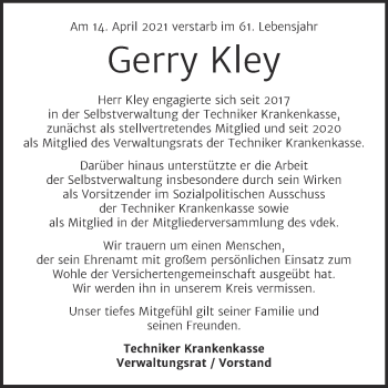 Traueranzeige von Gerry Kley von Mitteldeutsche Zeitung Gesamt Sachsen-Anhalt Süd