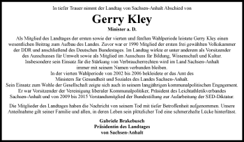 Traueranzeige von Gerry Kley von Mitteldeutsche Zeitung Gesamt Sachsen-Anhalt Süd
