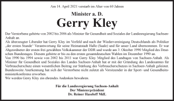 Traueranzeige von Gerry Kley von Mitteldeutsche Zeitung Gesamt Sachsen-Anhalt Süd