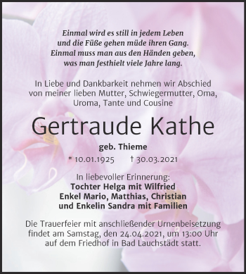 Traueranzeige von Gertraude Kathe von Mitteldeutsche Zeitung Merseburg/Querfurt