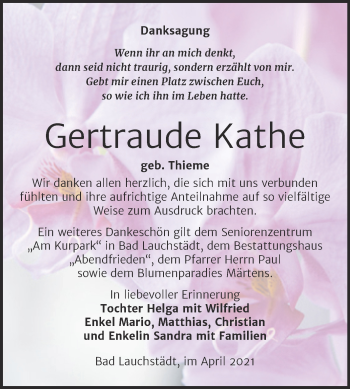 Traueranzeige von Gertraude Kathe von Trauerkombi Merseburg