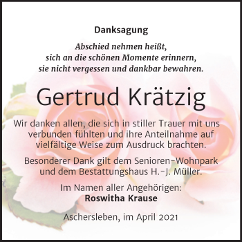 Traueranzeige von Gertrud Krätzig von Mitteldeutsche Zeitung Aschersleben