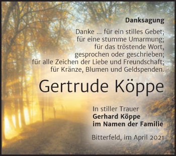 Traueranzeige von Gertrude Köppe von Mitteldeutsche Zeitung Bitterfeld
