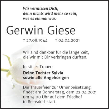 Traueranzeige von Gerwin Giese von Mitteldeutsche Zeitung Köthen