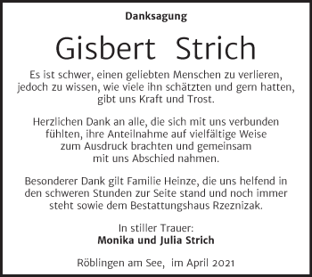 Traueranzeige von Gisbert Strich von Mitteldeutsche Zeitung Mansfelder Land