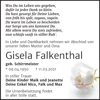Traueranzeige von Gisela Falkenthal von Mitteldeutsche Zeitung Wittenberg