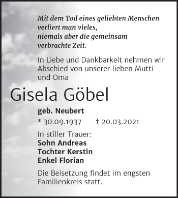 Traueranzeige von Gisela Göbel von Mitteldeutsche Zeitung Wittenberg