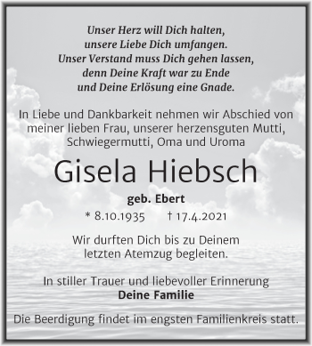Traueranzeige von Gisela Hiebsch von Mitteldeutsche Zeitung Köthen