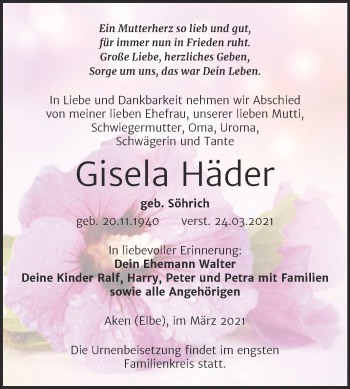 Traueranzeige von Gisela Häder von Mitteldeutsche Zeitung Köthen
