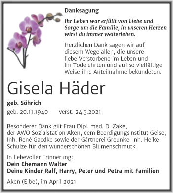 Traueranzeige von Gisela Häder von Mitteldeutsche Zeitung Köthen