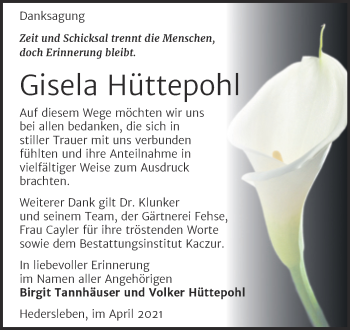 Traueranzeige von Gisela Hüttepohl von Mitteldeutsche Zeitung Quedlingburg