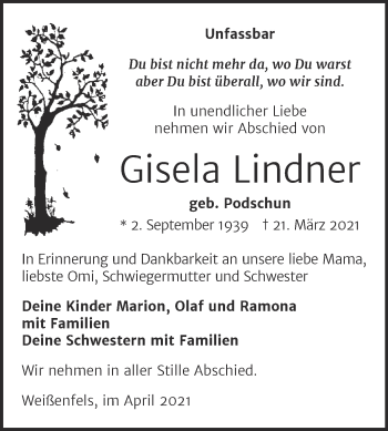 Traueranzeige von Gisela Lindner von Mitteldeutsche Zeitung Weißenfels