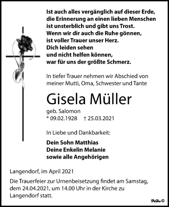 Traueranzeige von Gisela Müller von Mitteldeutsche Zeitung Zeitz