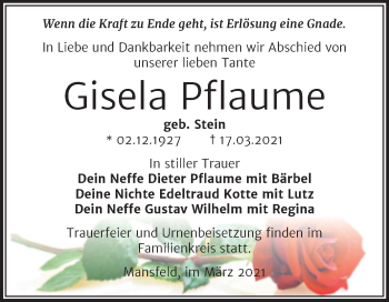 Traueranzeige von Gisela Pflaume von Mitteldeutsche Zeitung Mansfelder Land