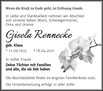 Traueranzeige von Gisela Rennecke von Trauerkombi Aschersleben