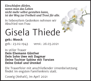 Traueranzeige von Gisela Thiede von Mitteldeutsche Zeitung Wittenberg